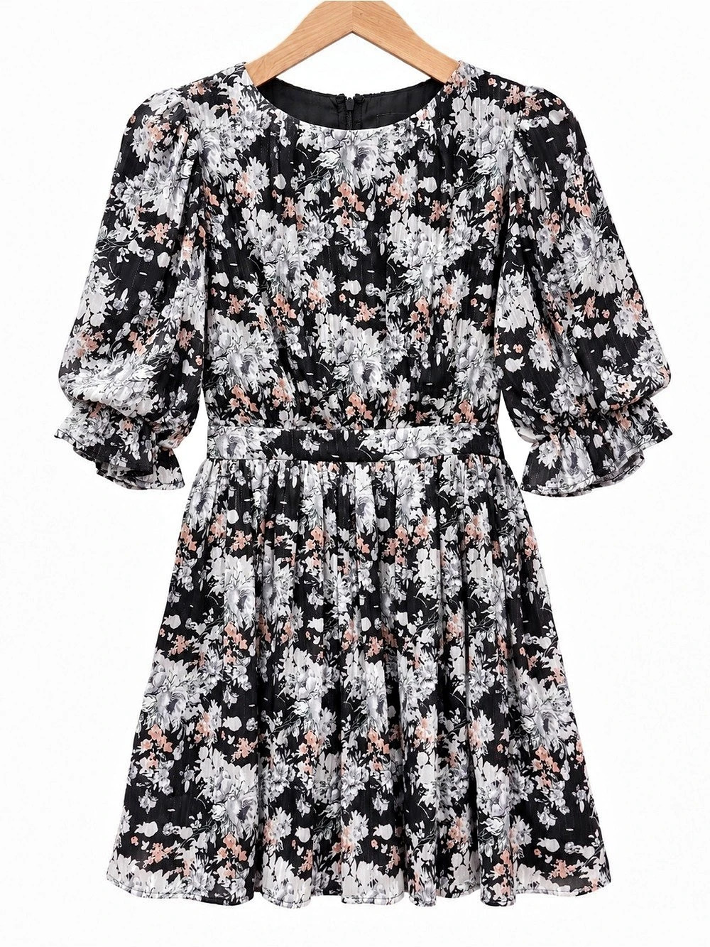 Lulus XS Black Floral Metallic Pleated Mini Dress Puff Sleeve
